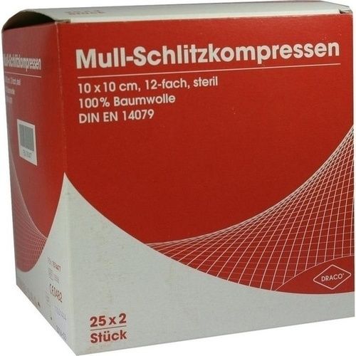 SCHLITZKOMPRESSE Mull 10x10cm 12fach steril Ausb, 25X2 ST